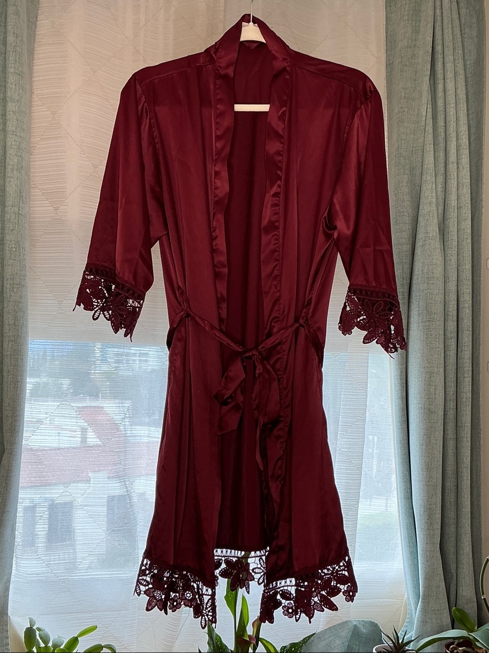 Satin Lace-Trim Robe in Burgundy